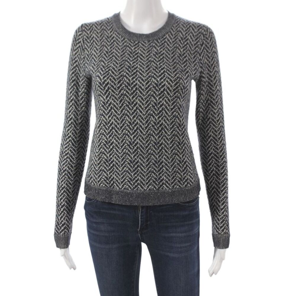 Theory Women Herringbone Wool Sweater Gray Long Sleeve Size S